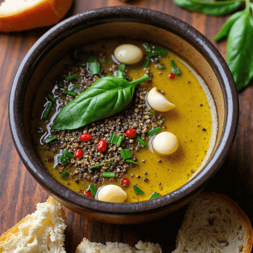 Rustic bowl of garlic herb bread dipping oil with whole garlic cloves, peppercorns, basil, and crusty bread on the side.