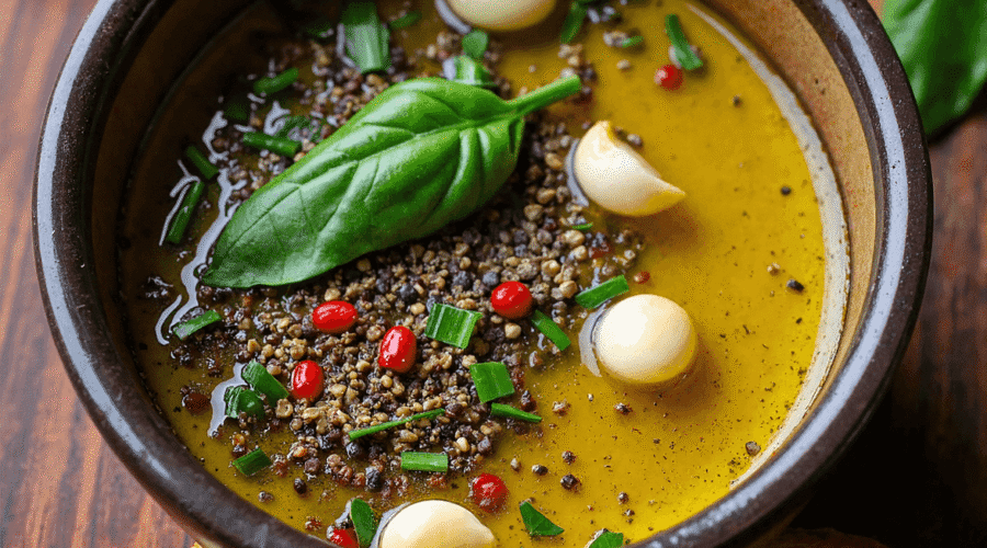 Rustic bowl of garlic herb bread dipping oil with whole garlic cloves, peppercorns, basil, and crusty bread on the side.