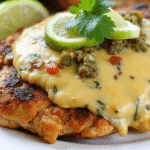 Grilled salsa verde pepper jack chicken topped with creamy cheese sauce, sliced limes, and fresh parsley on a white plate.