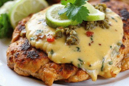 Grilled salsa verde pepper jack chicken topped with creamy cheese sauce, sliced limes, and fresh parsley on a white plate.