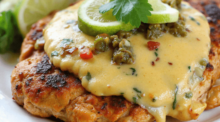 Grilled salsa verde pepper jack chicken topped with creamy cheese sauce, sliced limes, and fresh parsley on a white plate.