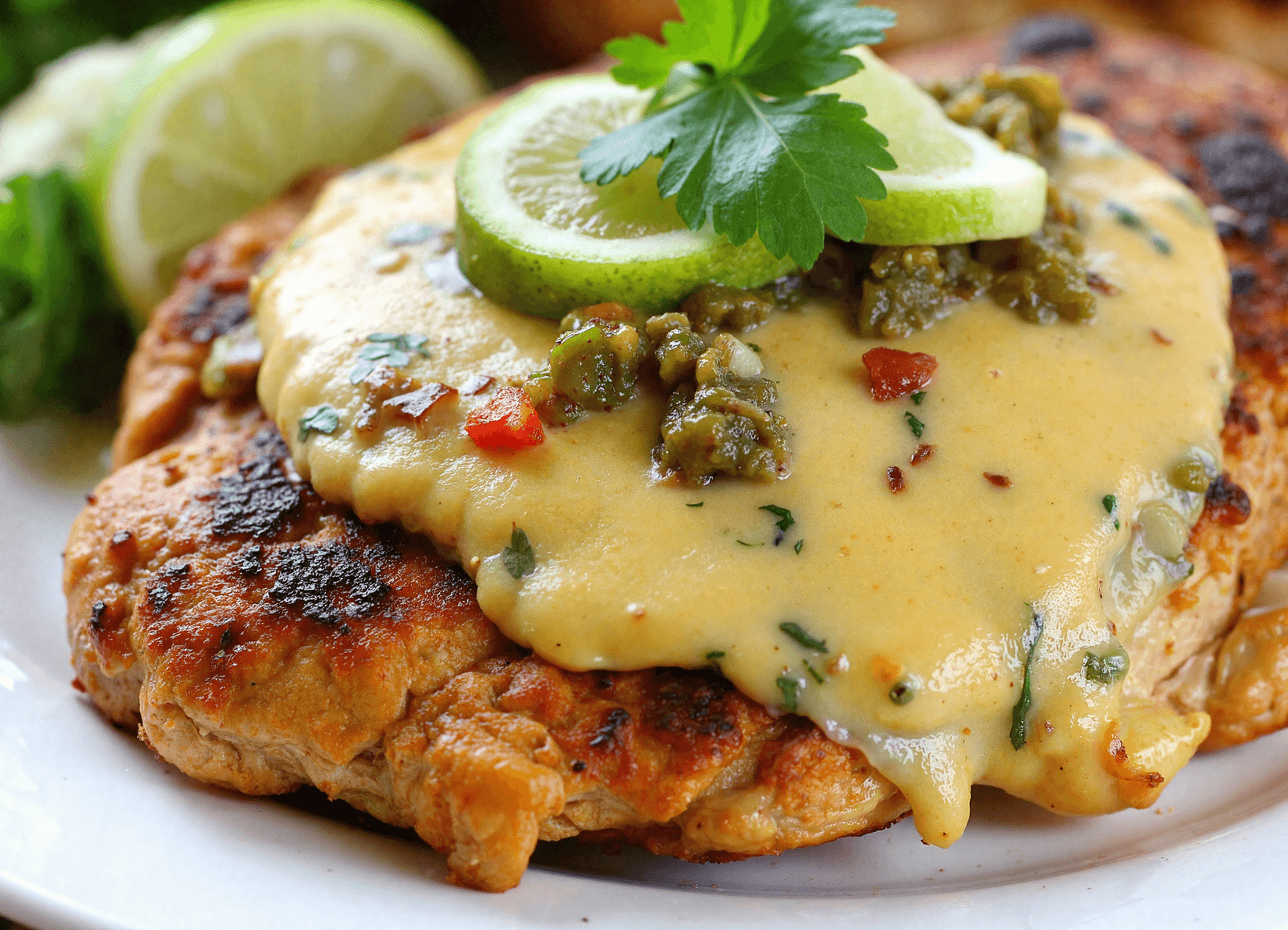 Grilled salsa verde pepper jack chicken topped with creamy cheese sauce, sliced limes, and fresh parsley on a white plate.