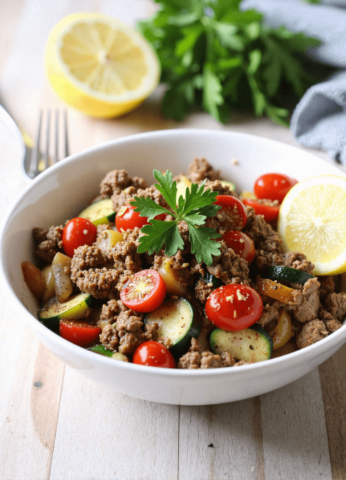 Close-up angled view of a white bowl filled with seasoned ground beef, zucchini, tomatoes, and bell peppers garnished with parsley and lemon—ideal for a low-carb Mediterranean dinner.