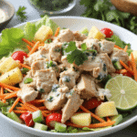 Bowl of Hawaiian chicken salad with pineapple, shredded carrots, cherry tomatoes, and Greek yogurt dressing.