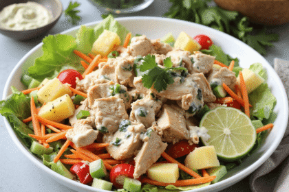 Bowl of Hawaiian chicken salad with pineapple, shredded carrots, cherry tomatoes, and Greek yogurt dressing.