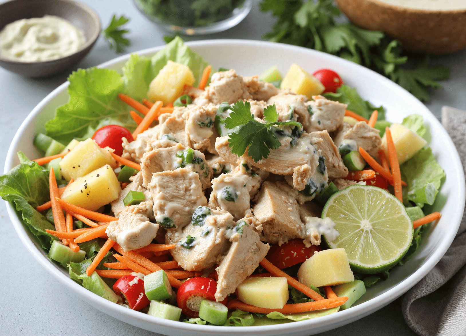 Bowl of Hawaiian chicken salad with pineapple, shredded carrots, cherry tomatoes, and Greek yogurt dressing.