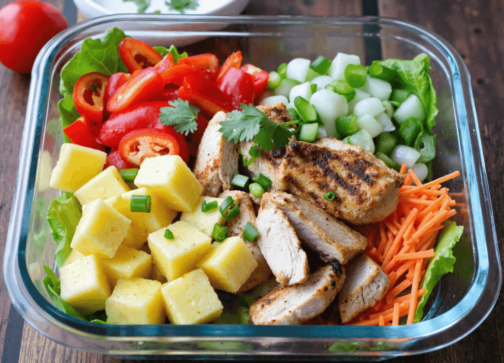 Glass meal prep container filled with grilled chicken, pineapple, bell peppers, carrots, and greens.