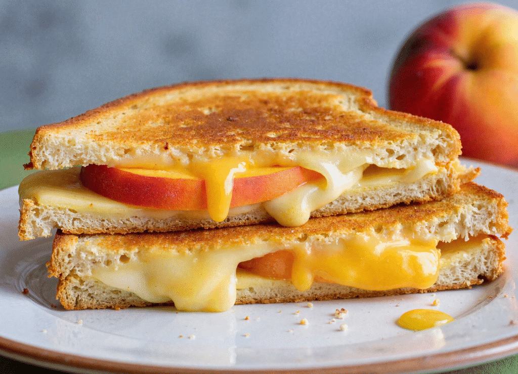 Stacked honey peach white cheddar grilled cheese sandwich halves with melted cheddar and visible peach slices.