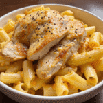 Close-up of creamy mac and cheese topped with juicy grilled chicken breast slices, seasoned with honey and black pepper.