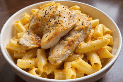 Close-up of creamy mac and cheese topped with juicy grilled chicken breast slices, seasoned with honey and black pepper.