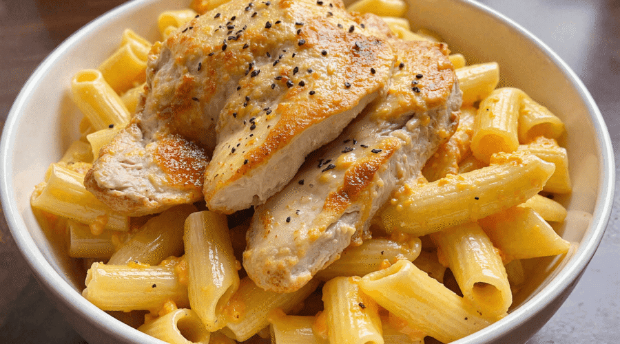 Close-up of creamy mac and cheese topped with juicy grilled chicken breast slices, seasoned with honey and black pepper.
