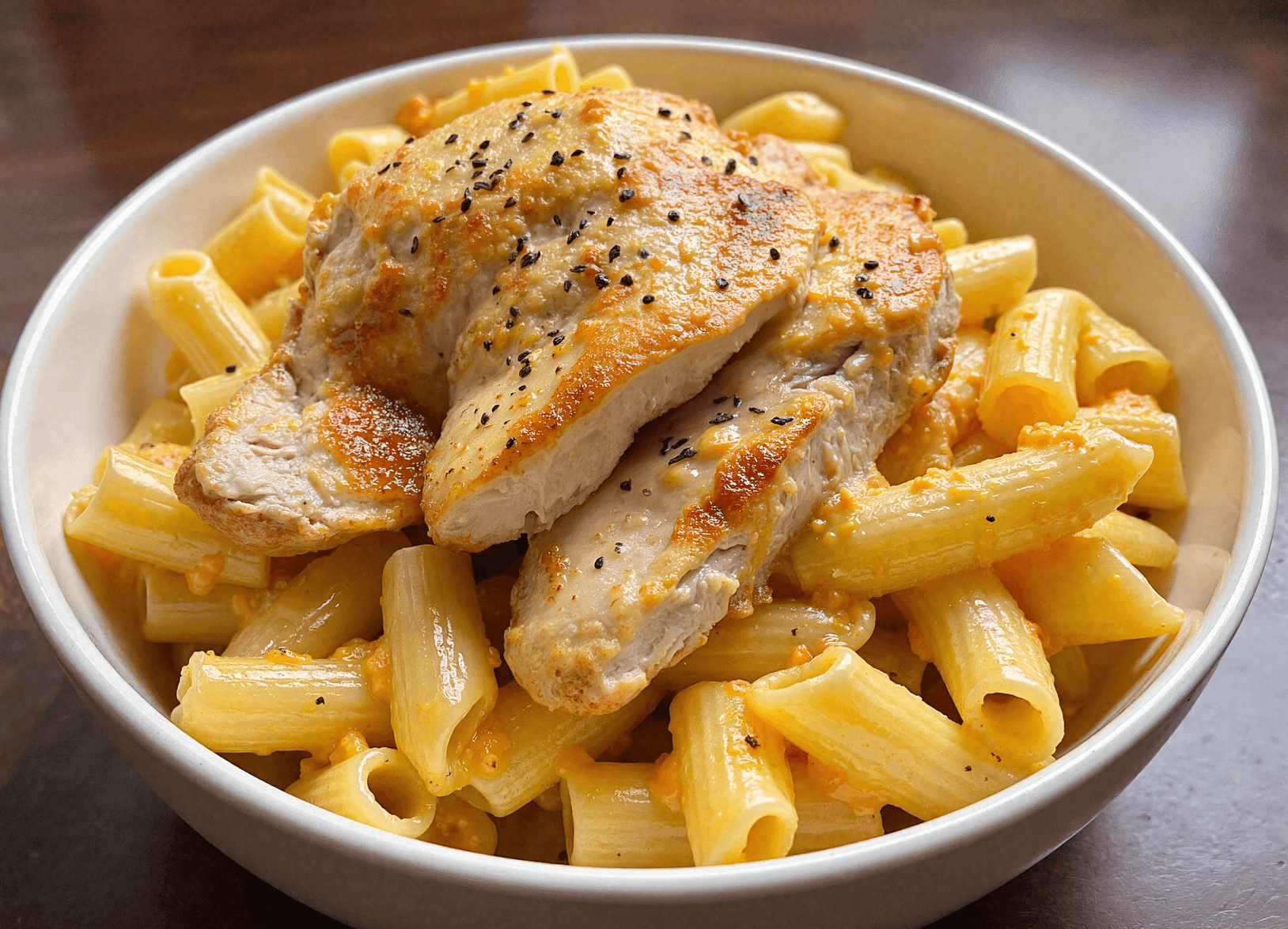 Close-up of creamy mac and cheese topped with juicy grilled chicken breast slices, seasoned with honey and black pepper.