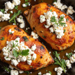 Cast iron skillet with golden-brown honey-glazed chicken breasts topped with crumbled feta, garnished with fresh herbs.