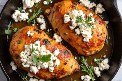 Cast iron skillet with golden-brown honey-glazed chicken breasts topped with crumbled feta, garnished with fresh herbs.