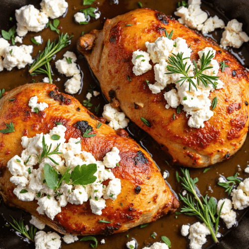 Cast iron skillet with golden-brown honey-glazed chicken breasts topped with crumbled feta, garnished with fresh herbs.