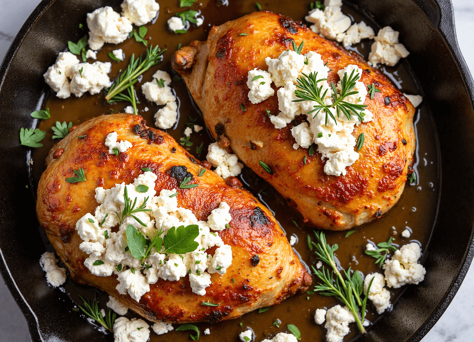 Cast iron skillet with golden-brown honey-glazed chicken breasts topped with crumbled feta, garnished with fresh herbs.