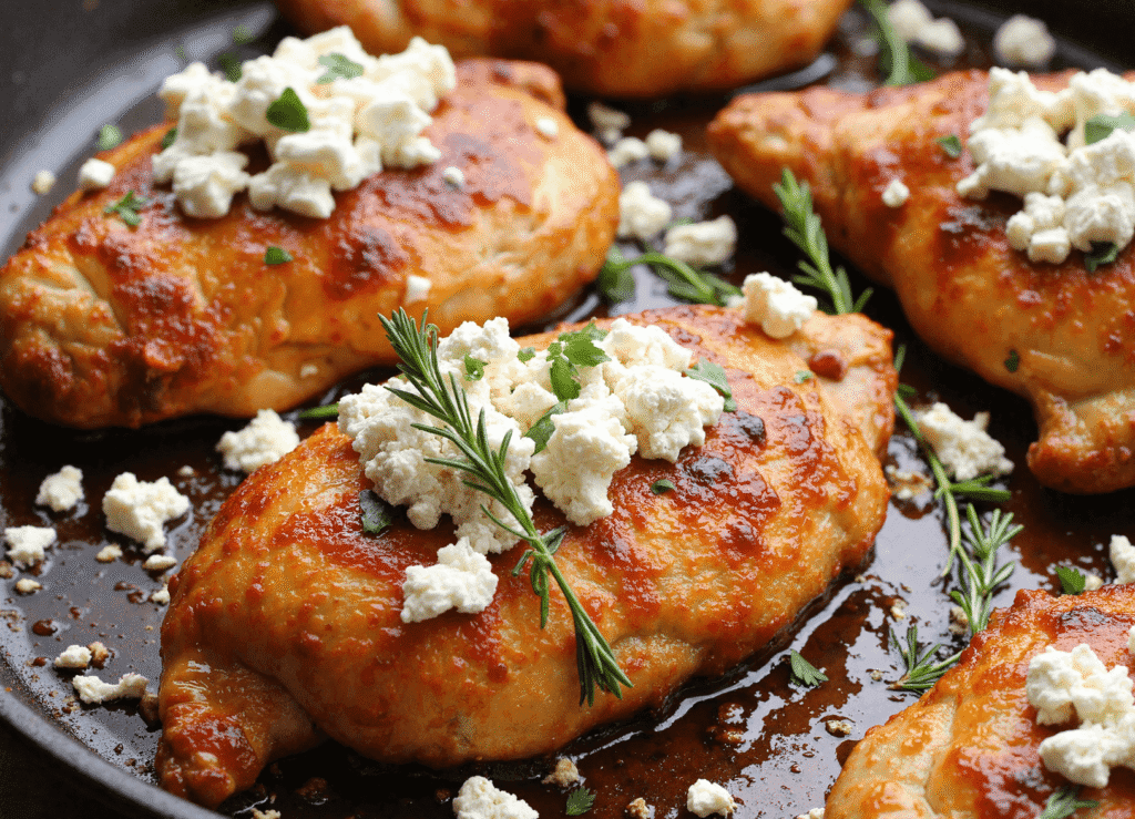 Multiple hot honey glazed chicken breasts in a skillet, topped with creamy feta and fresh rosemary sprigs.