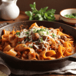 Pappardelle pasta with tomato-wine sauce and sausage in a rustic cast iron skillet.