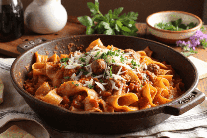 Pappardelle pasta with tomato-wine sauce and sausage in a rustic cast iron skillet.