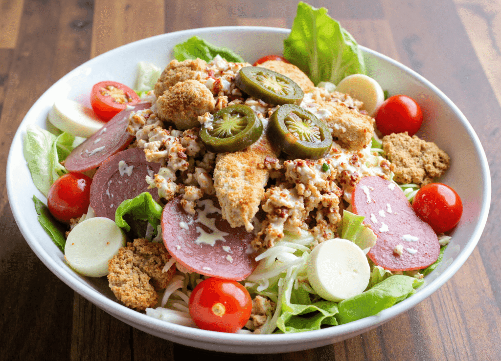 Overhead view of Italian Grinder Chicken Salad loaded with grilled chicken strips, creamy dressing, jalapeños, salami, red onions, cherry tomatoes, and lettuce in a black bowl.