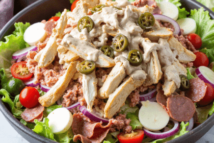 Close-up of Italian grinder salad with sliced turkey, salami, hearts of palm, cherry tomatoes, and creamy dressing in a white bowl on a wooden surface.