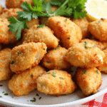 Crispy lemon chicken bites on a white plate, topped with parsley and served with lemon slices in the background.