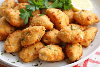Crispy lemon chicken bites on a white plate, topped with parsley and served with lemon slices in the background.