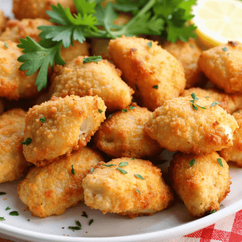 Crispy lemon chicken bites on a white plate, topped with parsley and served with lemon slices in the background.