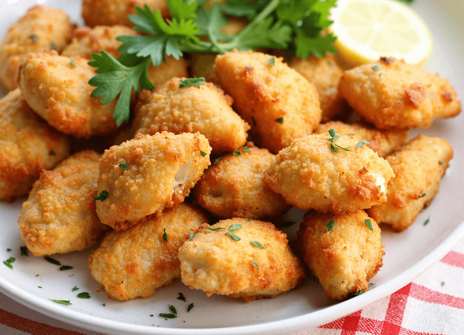 Crispy lemon chicken bites on a white plate, topped with parsley and served with lemon slices in the background.