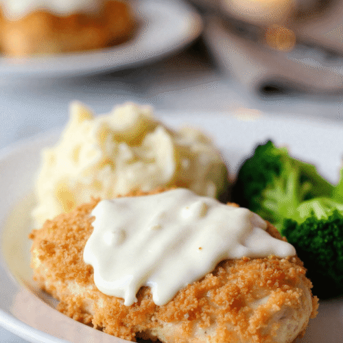 Close-up of crispy Longhorn Steakhouse Parmesan Chicken topped with creamy ranch cheese sauce, served with mashed potatoes and steamed broccoli on a white plate.