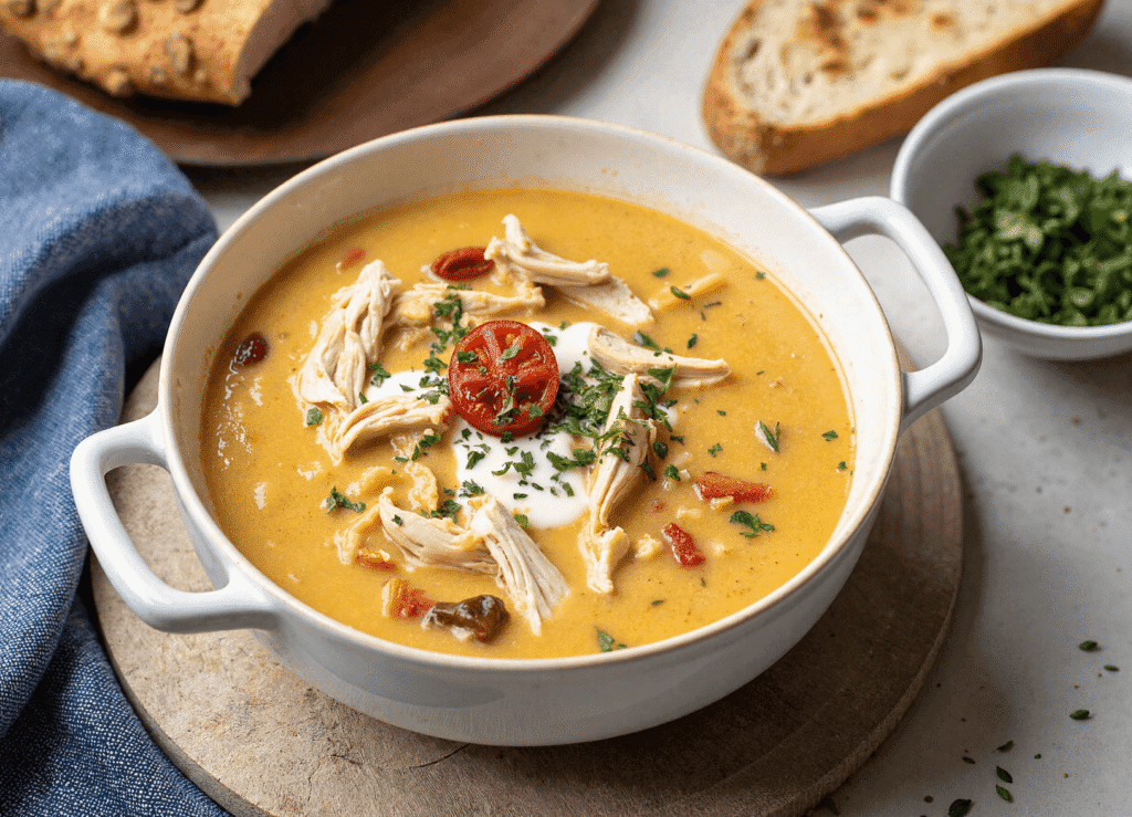 A creamy bowl of Marry Me Chicken Soup topped with shredded chicken, sun-dried tomato, and herbs, served with crusty bread on the side.