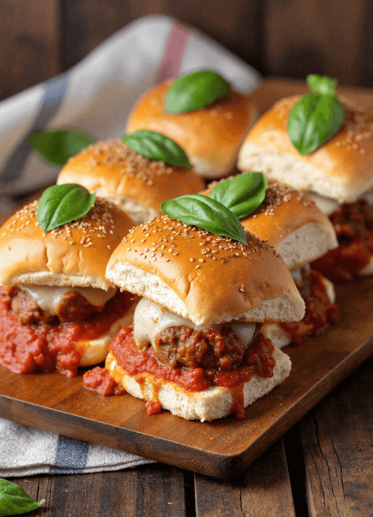 Close-up of meatball parmesan sliders on sesame buns, topped with fresh basil and served on a wooden board.