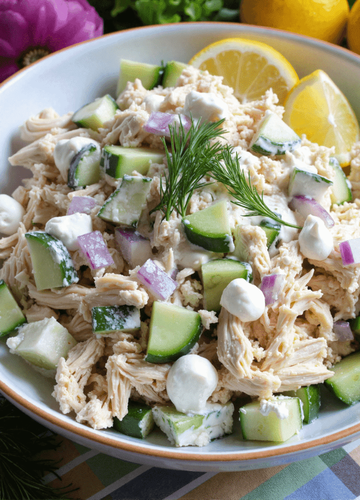 Mediterranean chicken salad with Greek yogurt tzatziki, cucumbers, red onions, and lemon in a white bowl.