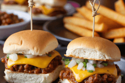Close-up of two mini chili cheese dog sliders topped with cheddar cheese, onions, and jalapeños on a black plate with fries in the background.
