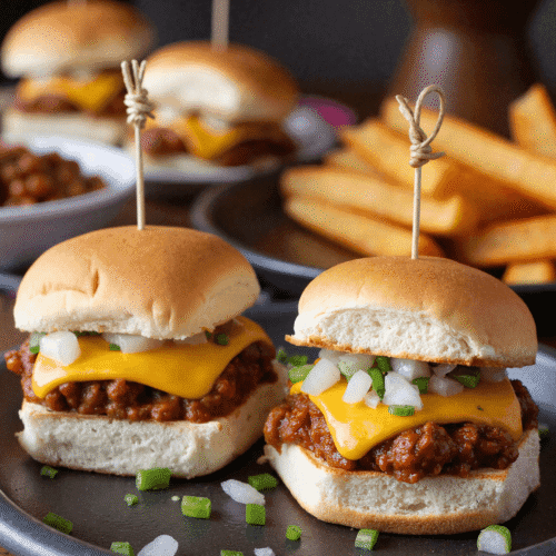 Close-up of two mini chili cheese dog sliders topped with cheddar cheese, onions, and jalapeños on a black plate with fries in the background.