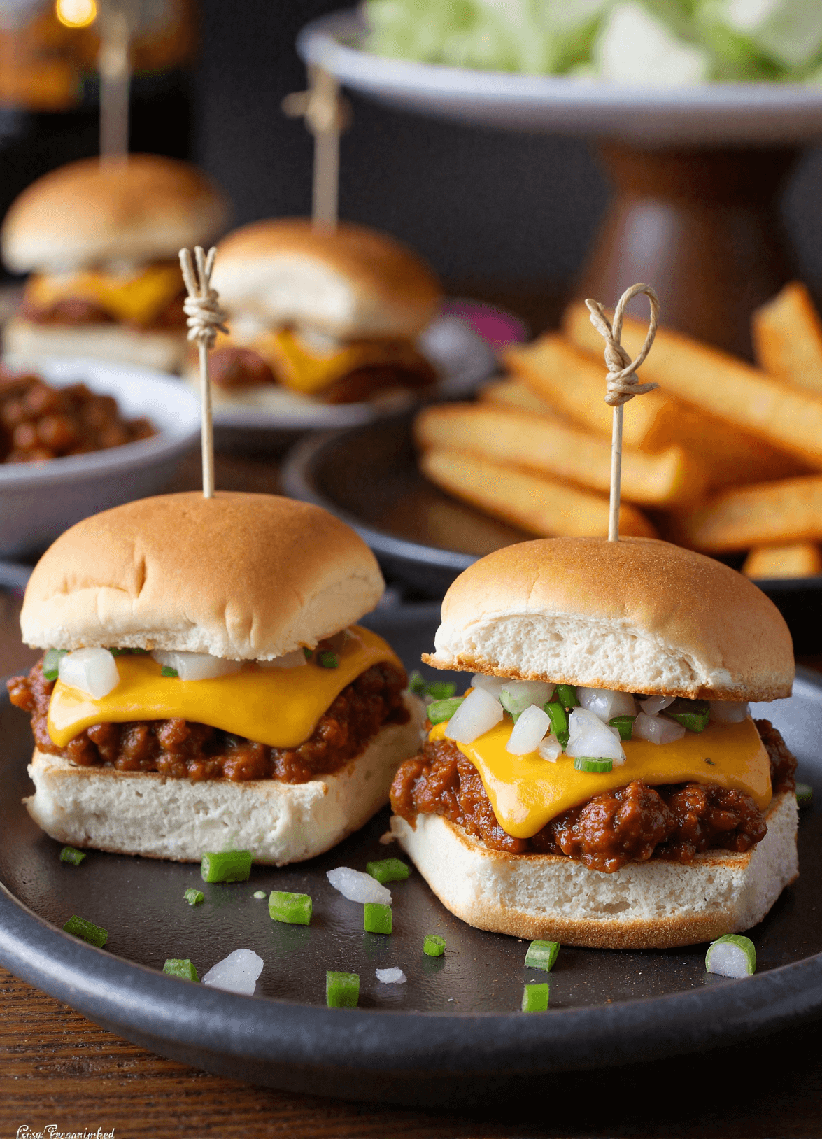 Close-up of two mini chili cheese dog sliders topped with cheddar cheese, onions, and jalapeños on a black plate with fries in the background.