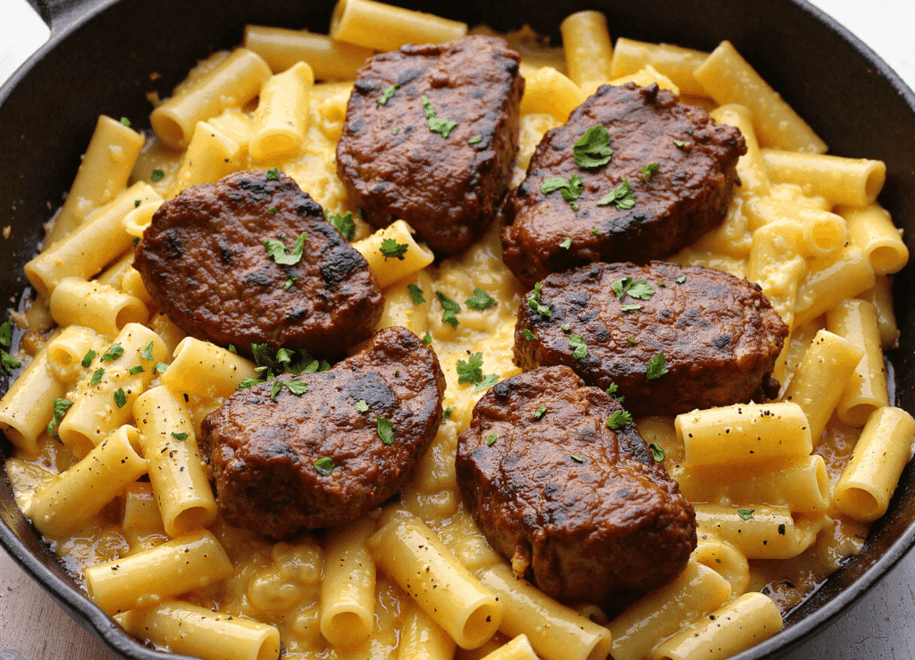Cast iron skillet filled with garlic butter steak tips and cheesy rigatoni pasta topped with fresh parsley.