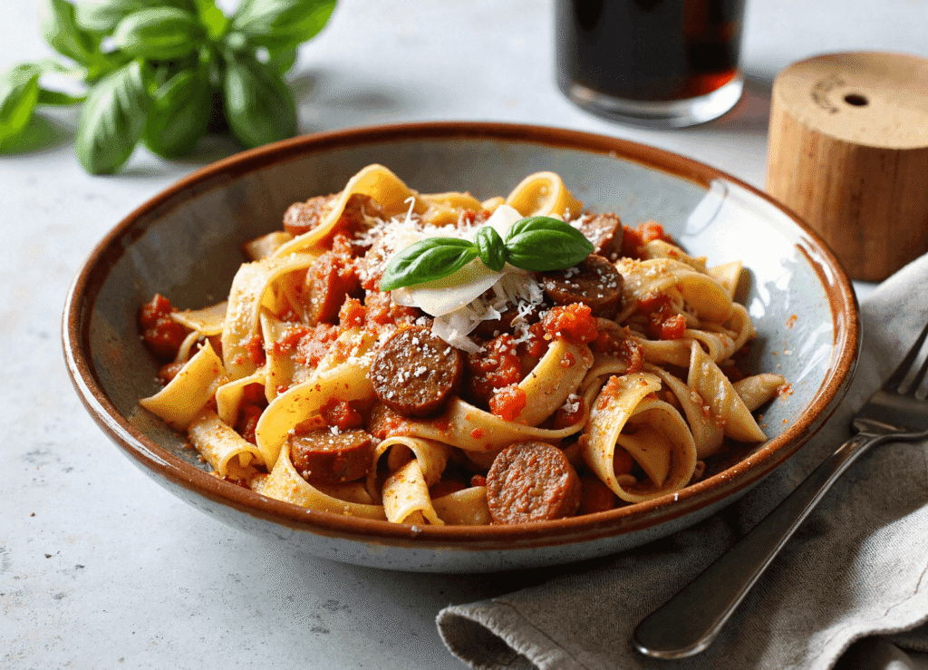Rustic bowl of Italian drunken noodles with spicy sausage and red wine tomato sauce.