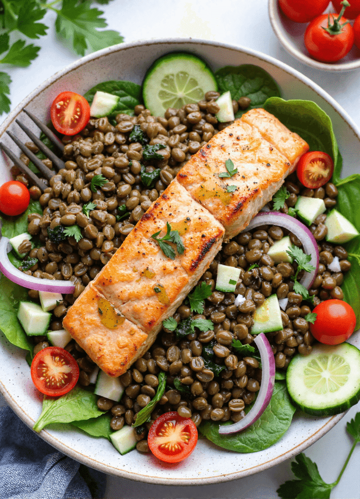 Grilled salmon fillet served on a bed of green lentils with fresh spinach, cherry tomatoes, cucumber, and red onion in a hearty, protein-packed lentil salad bowl.