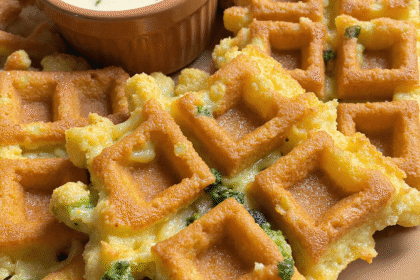 Crispy broccoli and cheddar waffles arranged around a ramekin of creamy dipping sauce on a tan plate.