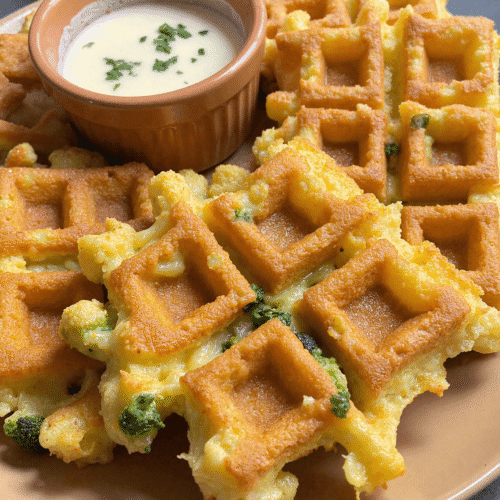 Crispy broccoli and cheddar waffles arranged around a ramekin of creamy dipping sauce on a tan plate.