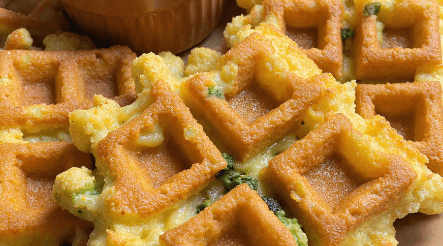 Crispy broccoli and cheddar waffles arranged around a ramekin of creamy dipping sauce on a tan plate.