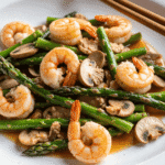 Shrimp stir-fry with mushrooms and asparagus in a soy garlic glaze served in a white bowl with chopsticks.
