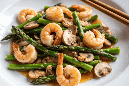 Shrimp stir-fry with mushrooms and asparagus in a soy garlic glaze served in a white bowl with chopsticks.