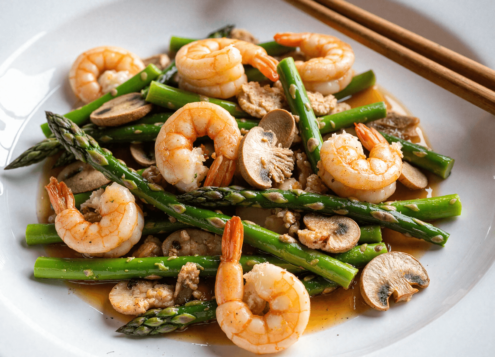 Shrimp stir-fry with mushrooms and asparagus in a soy garlic glaze served in a white bowl with chopsticks.