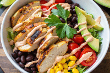 High-protein Southwest chicken salad bowl with grilled chicken, ground turkey, black beans, corn, tomatoes, and avocado.