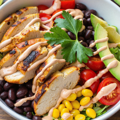 High-protein Southwest chicken salad bowl with grilled chicken, ground turkey, black beans, corn, tomatoes, and avocado.