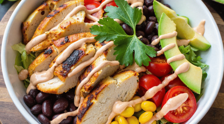 High-protein Southwest chicken salad bowl with grilled chicken, ground turkey, black beans, corn, tomatoes, and avocado.