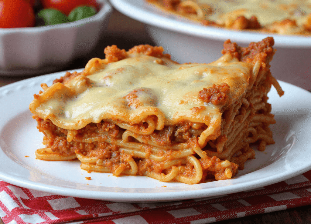 Side view of a square slice of spaghetti pie on a white plate, showcasing layered noodles, meat sauce, and melted cheese topping.