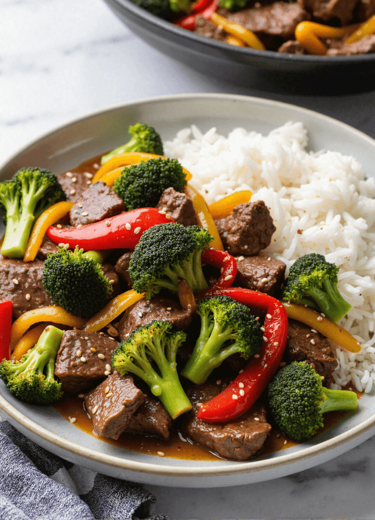 Steak and broccoli stir-fry served with jasmine rice, colorful bell peppers, and sesame seeds on a gray ceramic plate.